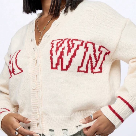 Women's Cream Cardigan with Red Accents - Picture 5 of 5